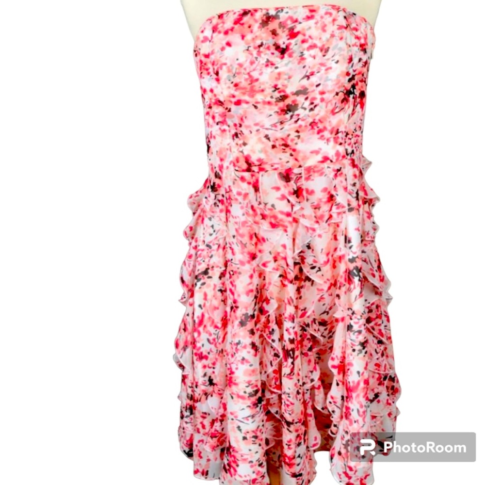White House Black Market Pink Floral Strapless Ruffle Dress Above Knee Length